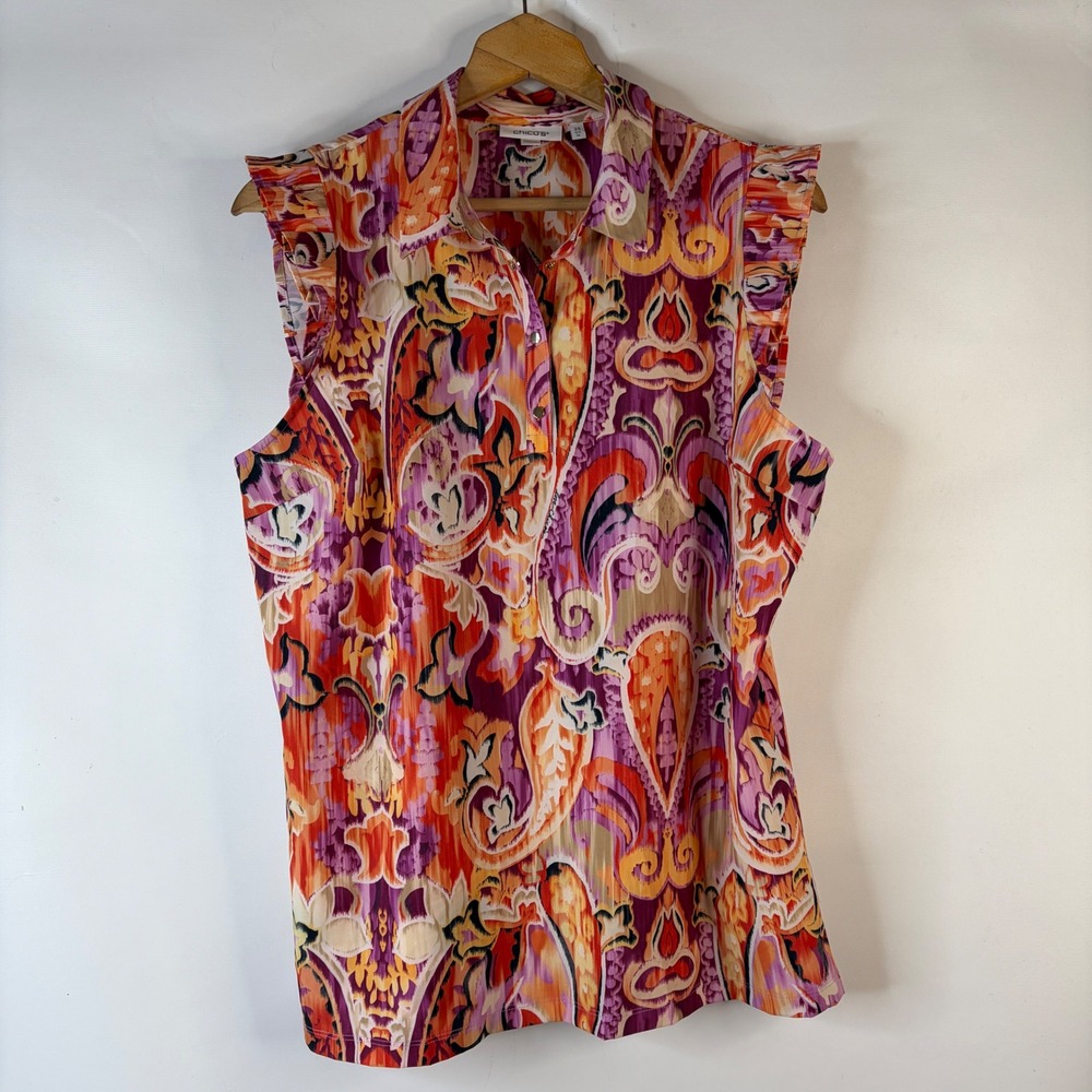 Chico's Sleeveless Blouse Women 2.5 (US 14) Multicolor Paisley Ikat Ruffle Trim